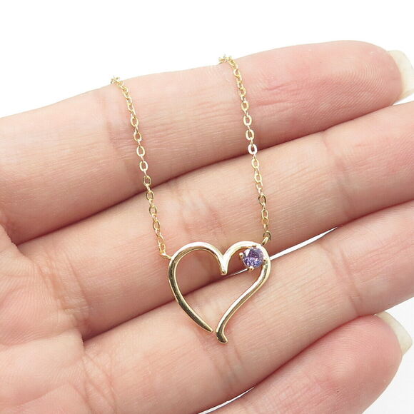 Other - 925 Sterling Silver Gold Plated Amethyst Gem Open Heart Cable Chain Necklace 18"